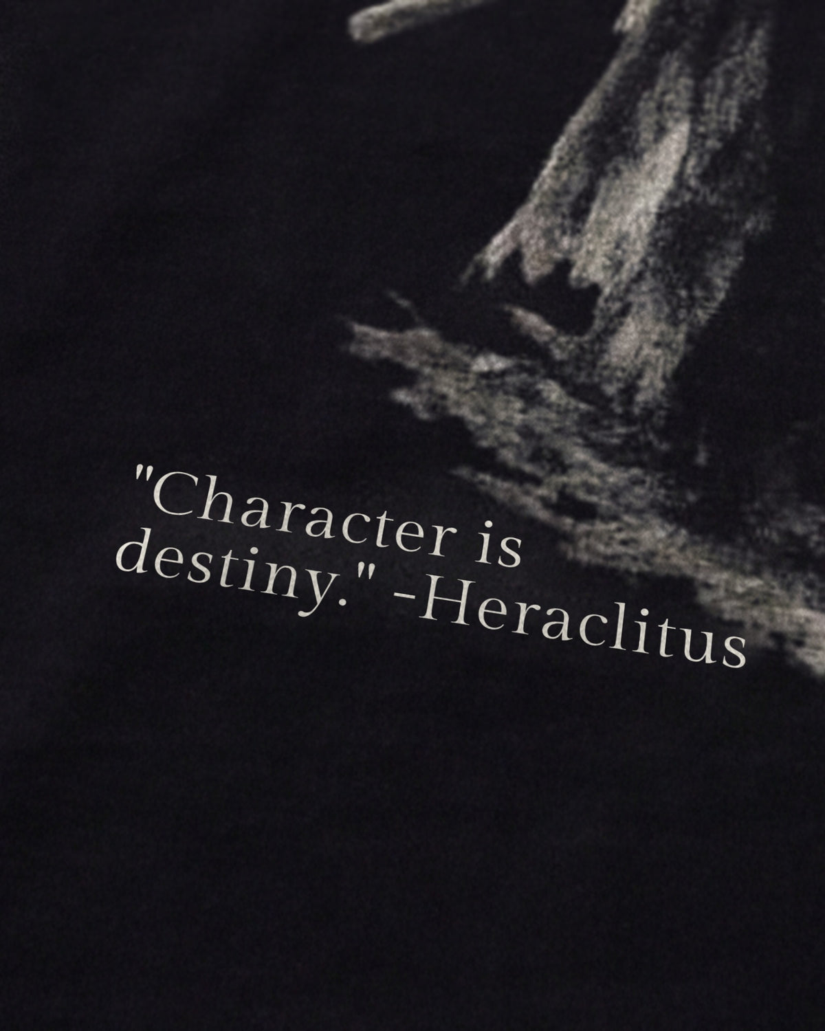 Heraclitus Cherry Blossom Samurai tee quote close-up, front, black