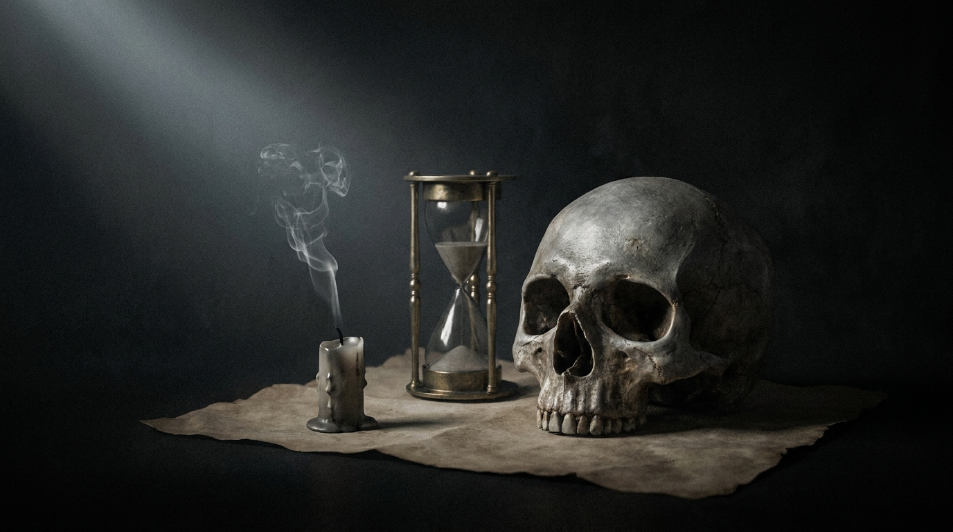 A skull, an hourglass and a candle just snuffed out, lit by a single shaft of light