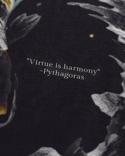 Pythagoras Koi Fish tee quote close-up, front, black