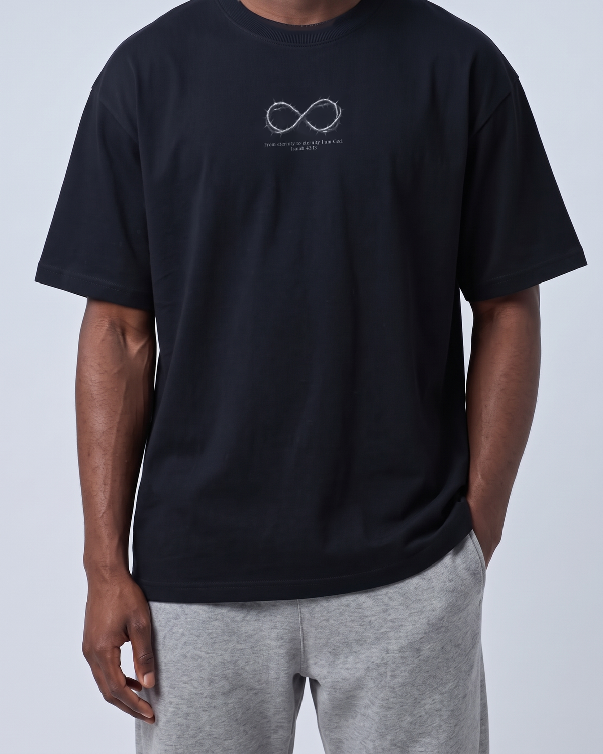 Isaiah 43:13 Infinity Thorns tee print detail, front, black