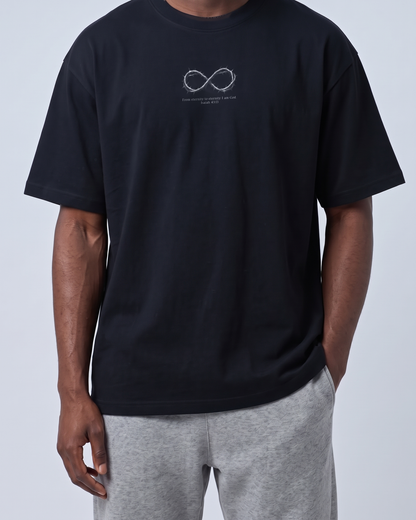 Isaiah 43:13 Infinity Thorns tee print detail, front, black