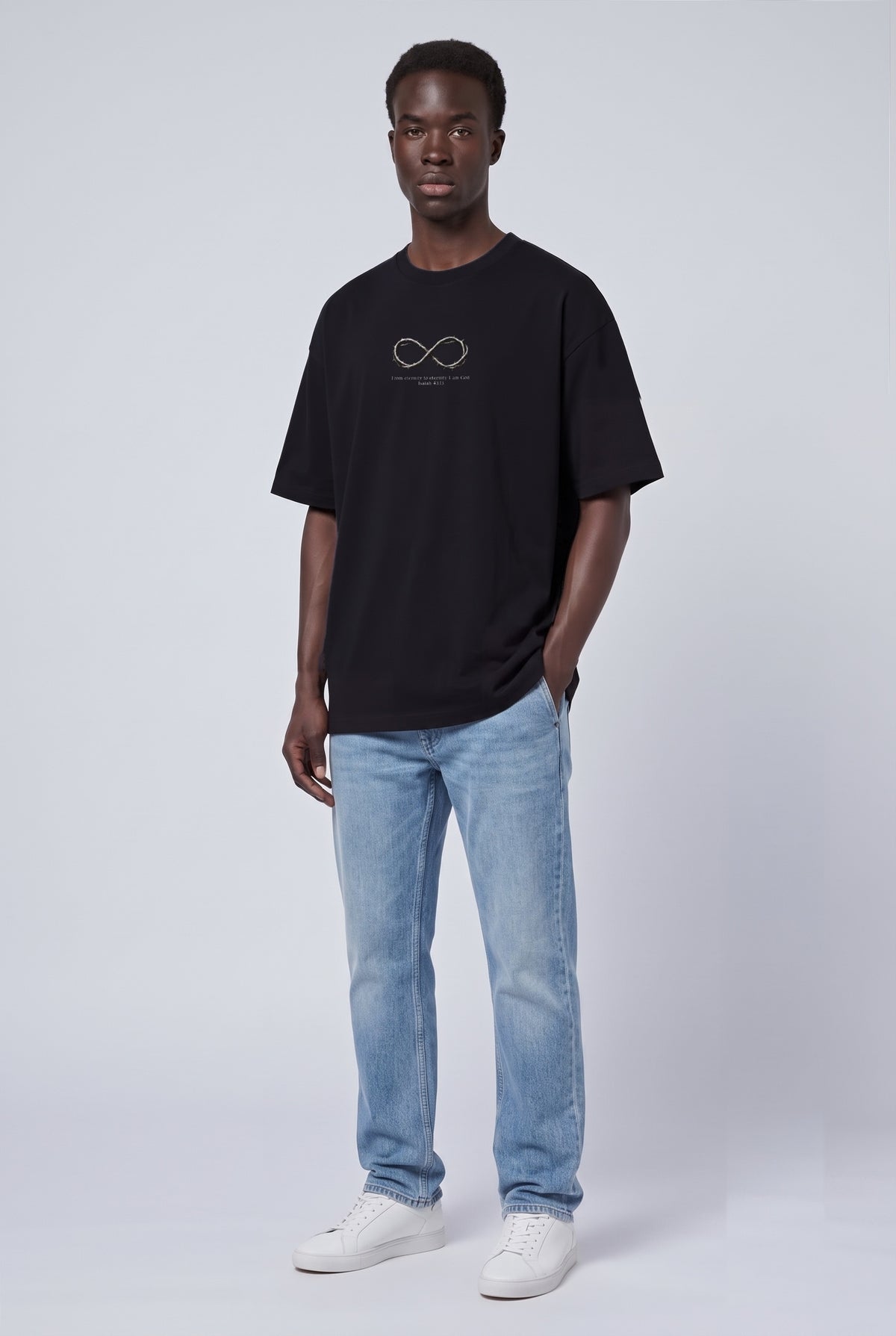 Isaiah 43:13 Infinity Thorns tee worn, front, black