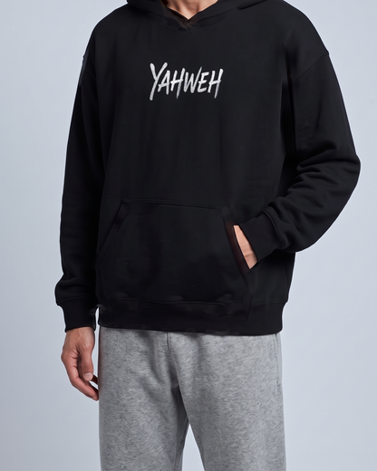 Yahweh Embroidered hoodie embroidery detail, front, black