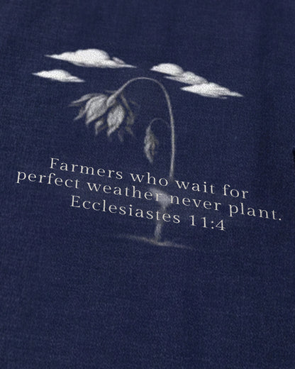 Ecclesiastes 11:4 Flower Cross tee quote close-up, front, navy
