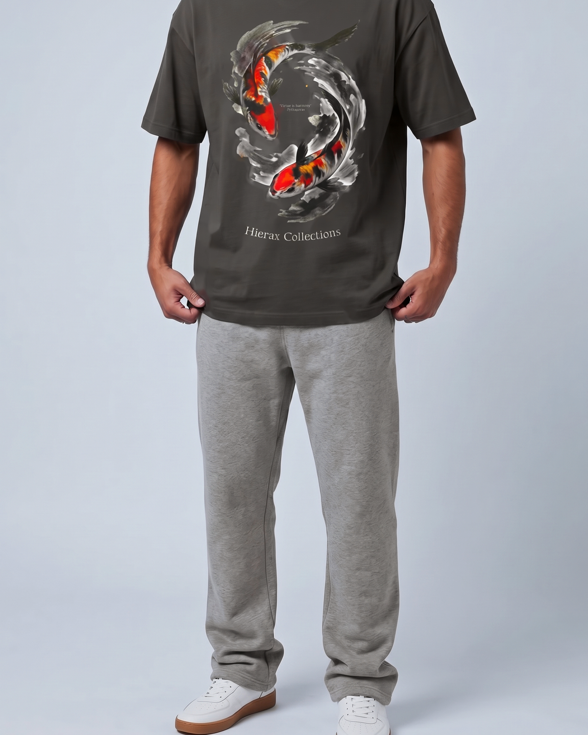 Pythagoras Koi Fish tee print detail, front, dark grey