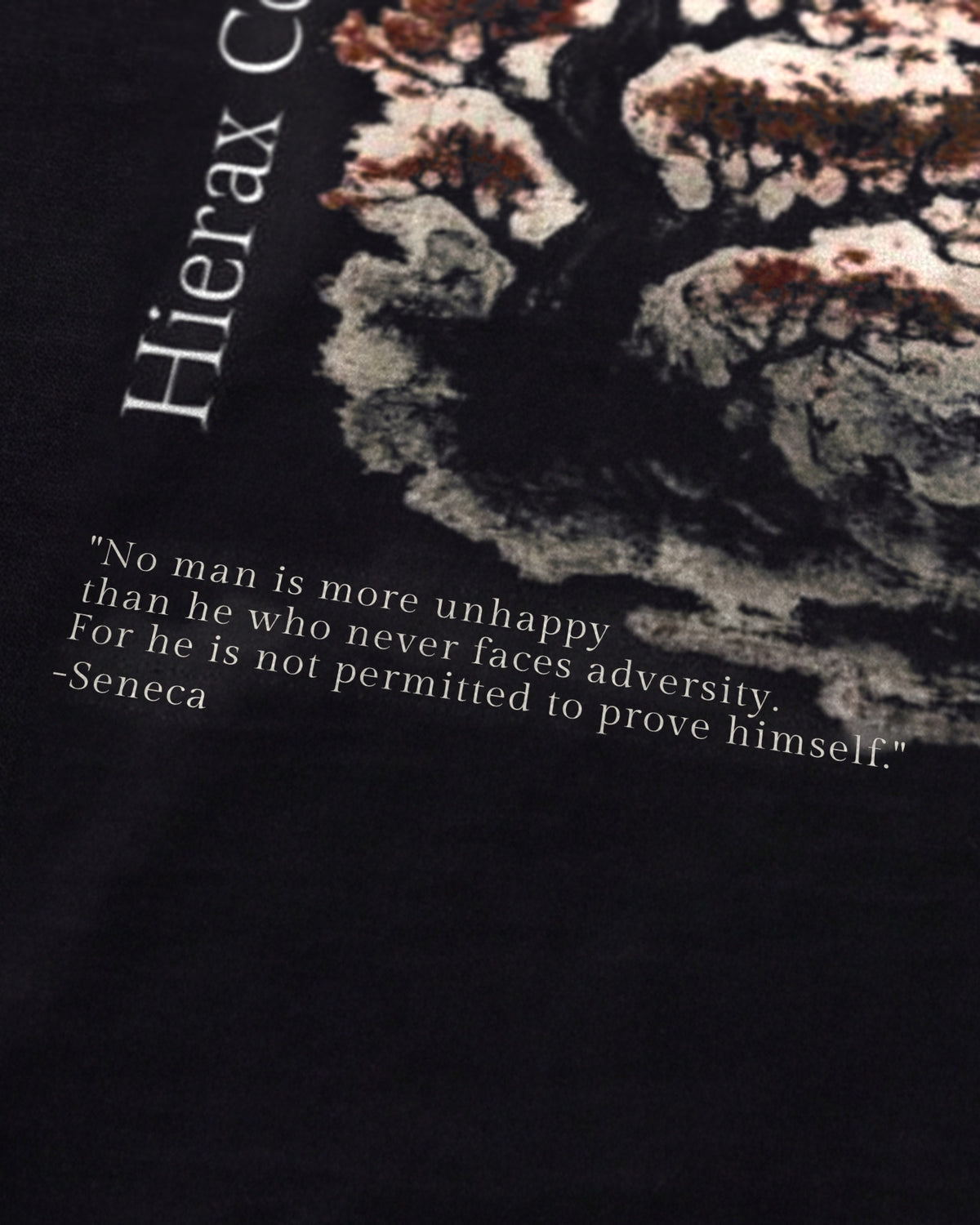 Seneca Volcano Samurai tee quote close-up, front, black