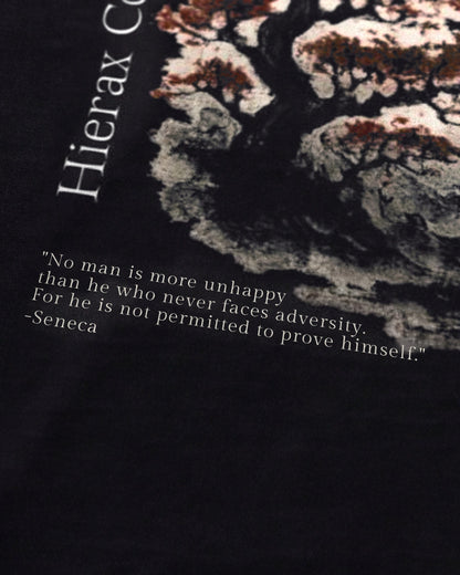 Seneca Volcano Samurai tee quote close-up, front, black