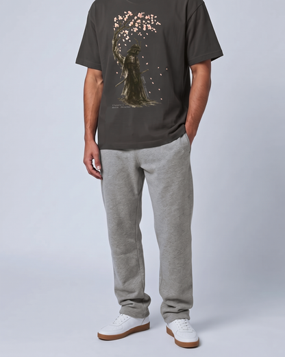 Heraclitus Cherry Blossom Samurai tee print detail, front, dark grey