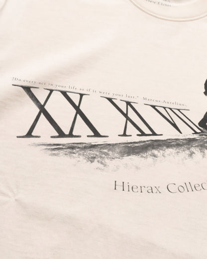 Marcus Aurelius Timeline tee quote close-up, front, natural