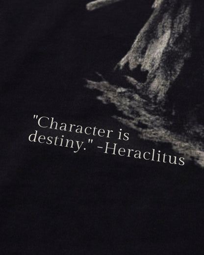 Heraclitus Cherry Blossom Samurai tee quote close-up, front, black