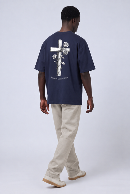 Ecclesiastes 11:4 Flower Cross tee worn, back, navy