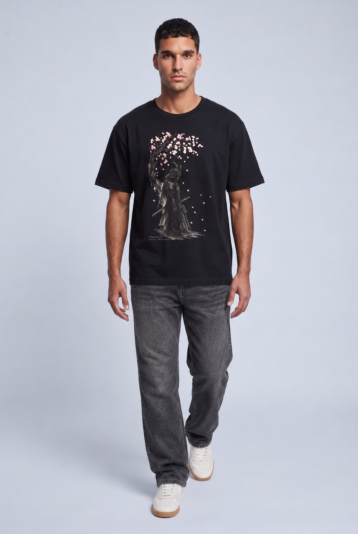 Heraclitus Cherry Blossom Samurai tee worn, front, black