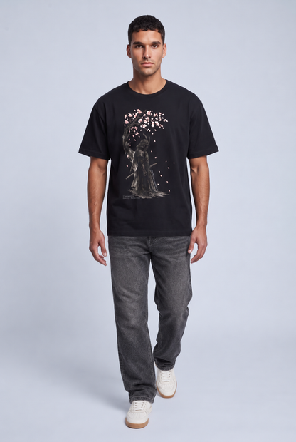 Heraclitus Cherry Blossom Samurai tee worn, front, black