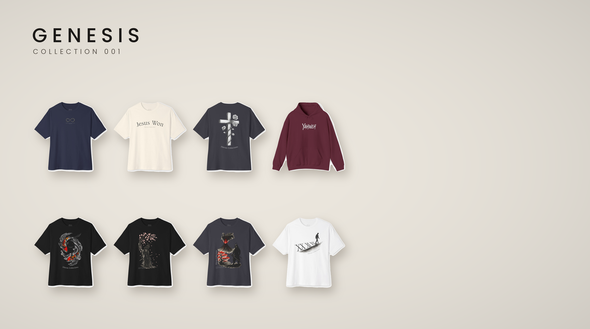 Genesis Collection 001, all eight pieces laid flat