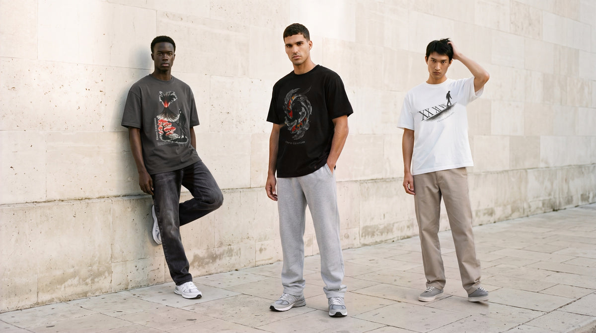 Three models in Hierax Genesis tees against a limestone wall, fronts, in black jeans, grey sweatpants and khaki chinos