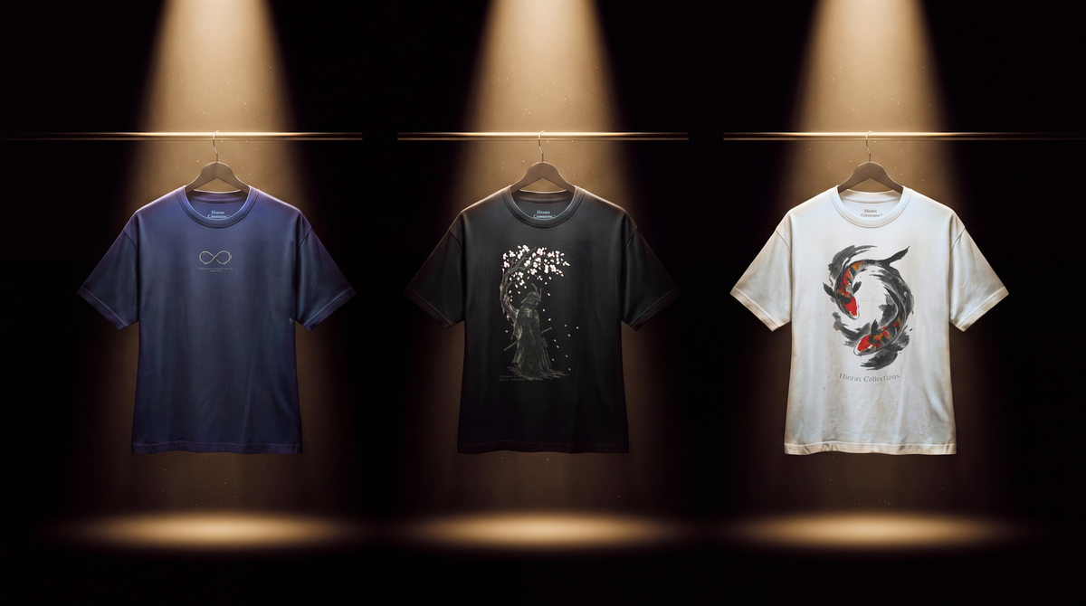 Three Hierax tees lit by three spotlights in darkness: navy Isaiah 43:13 infinity thorns, black Heraclitus cherry blossom samurai, white Pythagoras koi fish