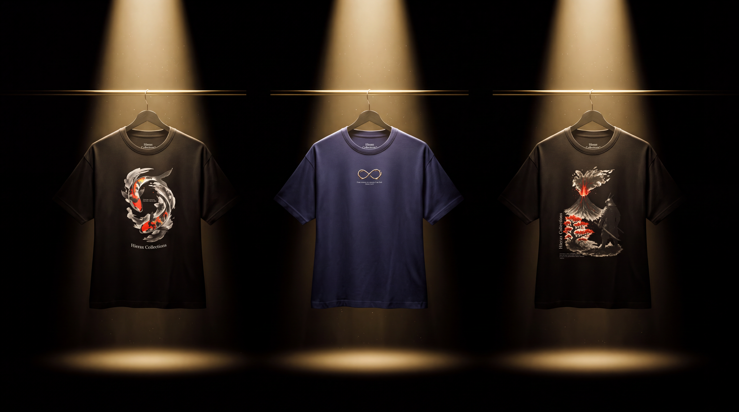 Three Hierax tees lit by three spotlights in darkness: the koi fish, the infinity thorns and the volcano samurai