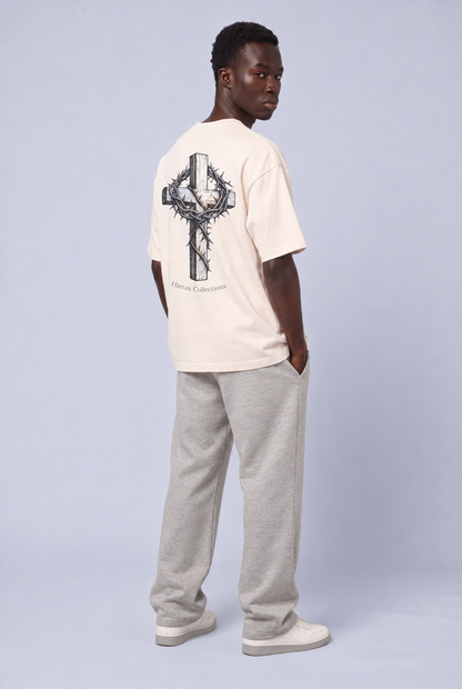 Isaiah 43:13 Infinity Thorns tee worn, back, natural