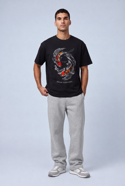 Pythagoras Koi Fish tee worn, front, black