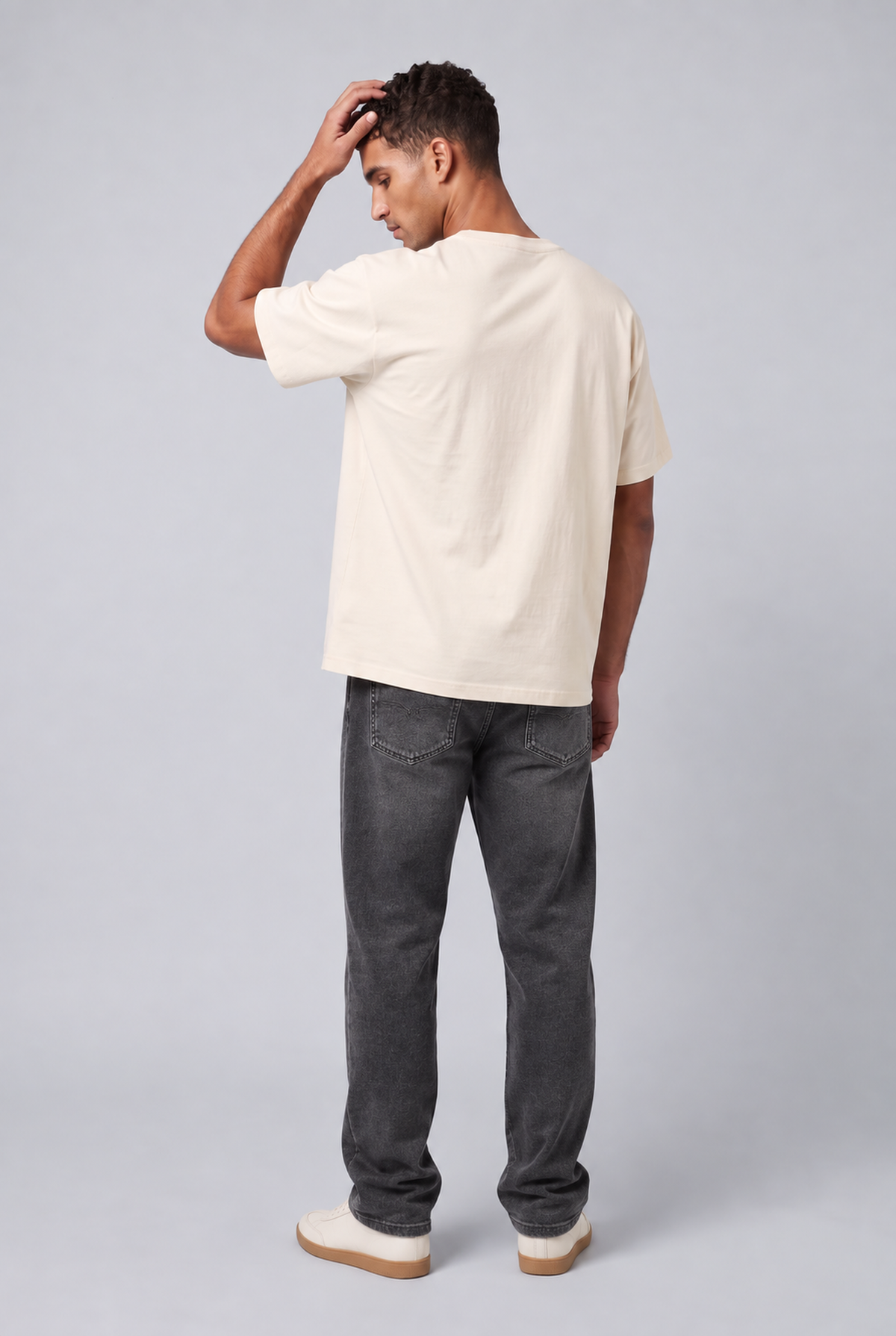 Pythagoras Koi Fish tee worn, back, natural